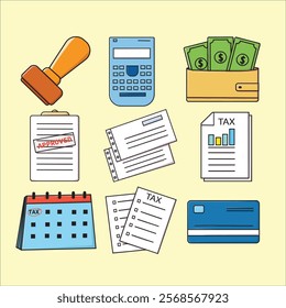 Set of tax season elements, featuring vector illustrations of icons such as stamps, calculators, money, wallets, tax documents, approved documents, reminder calendars, stacks of papers, credit cards, 