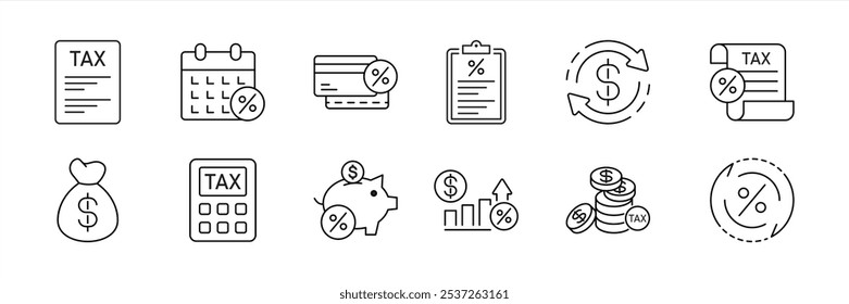 Conjunto de íconos de línea delgada de impuestos que contienen colecciones de préstamo, rendimiento, tasa de interés, tarifa, ícono de porcentaje. Ilustración vectorial