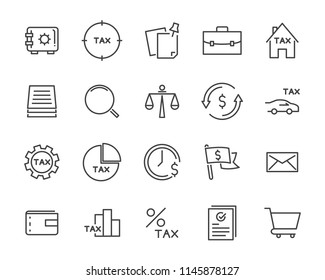 set of tax vector line icons, such as mail, payment, money, legal and more