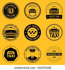 set of  taxi badges, logos and labels on yellow background. vector illustration