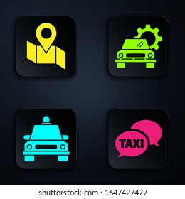 Set Taxi call telephone service, Folded map with location marker, Taxi car and Car service. Black square button. Vector