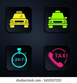 Set Taxi call telephone service, Taxi car, Stopwatch 24 hours and Taxi car. Black square button. Vector