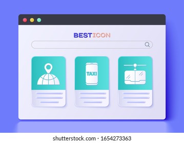 Set Taxi call telephone service, Location on the globe and Cable car icon. Vector