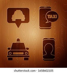 Set Taxi call telephone service, Map pointer with taxi, Taxi car and Taxi call telephone service on wooden background. Vector