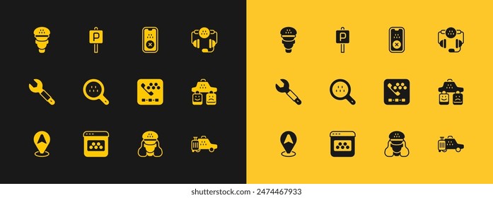 Set Taxi call telephone service, mobile app, driver, Search taxi,  and Parking icon. Vector