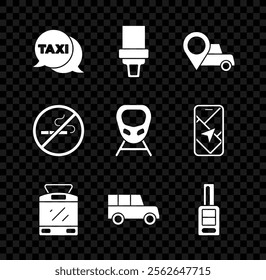 Set Taxi call telephone service, Safety belt, Location with taxi, Tram and railway, Car, key remote, No Smoking and High-speed train icon. Vector