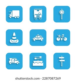 Set Taxi car, Boat with oars, Road traffic signpost, Bicycle, Minibus, Traffic cone,  and Delivery cargo truck icon. Vector