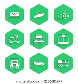 Set Taxi car, Car, Bus, Cable, Delivery cargo truck, Scooter, Submarine and roof icon. Vector