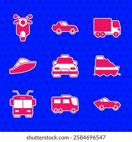 Set Taxi car, Bus, Car, Cruise ship, Trolleybus, Speedboat, Delivery cargo truck and Scooter icon. Vector