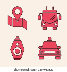 Set Taxi car, Folded map with location marker, Trolleybus and Car key with remote icon. Vector