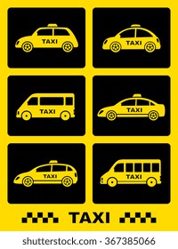 set of taxi car icon on black buttons and yellow background