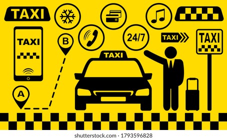 set of taxi car icons with passenger, sign of taxi stop, smartphone with application on yellow checkered background