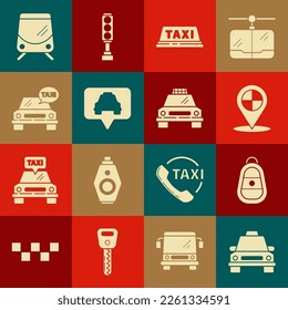 Set Taxi car, Car key with remote, Map pointer taxi, roof, Tram and railway and  icon. Vector