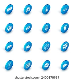 Set Taxi car, Car key with remote, roof, Location bus, High-speed train, Scooter and Traffic light icon. Vector