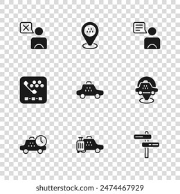 Set Taxi car, Location taxi, Road traffic sign, driver,  and call telephone service icon. Vector