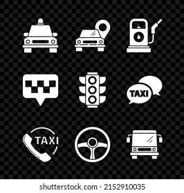 Set Taxi car, Map pointer with taxi, Petrol or Gas station, call telephone service, Steering wheel, Bus,  and Traffic light icon. Vector