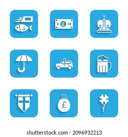 Set Taxi car, Money bag with pound, Four leaf clover, Wooden beer mug, England flag pennant, Umbrella, British crown and Fish chips icon. Vector