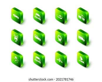 Set Taxi car, Rafting boat, Trolleybus, Bus, Yacht sailboat, Tram and railway, Plane and Car icon. Vector