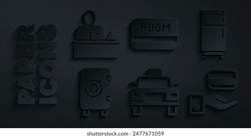 Set Taxi car, Refrigerator, Safe, Digital door lock, Hotel key card and reception desk icon. Vector