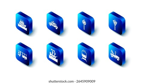 Set Taxi car, Road traffic signpost, Tow truck, Train and railway, Sailboat, Bus and Cruise ship icon. Vector
