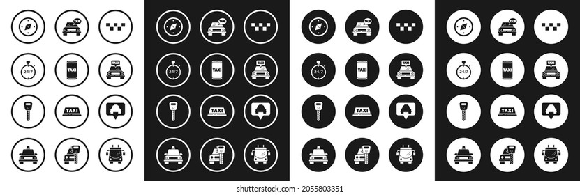 Set Taxi car roof, call telephone service, Stopwatch 24 hours, Compass, Map pointer with taxi and Car key icon. Vector