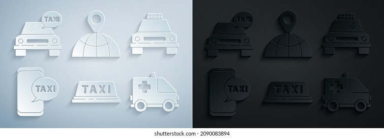 Set Taxi car roof, call telephone service, Ambulance and emergency, Location the globe and  icon. Vector