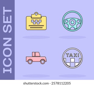 Set Taxi car roof, driver license, Car and Steering wheel icon. Vector