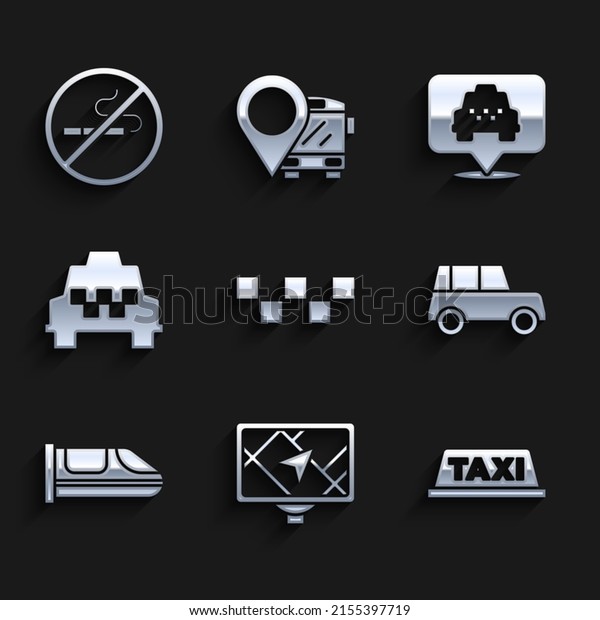 Set Taxi car roof, Gps\
device with map, Car, High-speed train, Location taxi and No\
Smoking icon. Vector