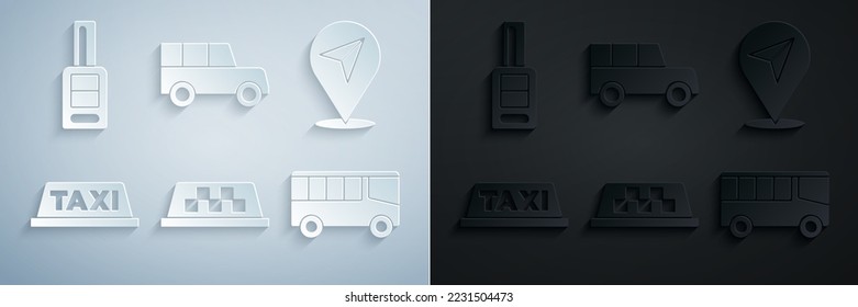 Set Taxi car roof, Location, Bus, Car and key with remote icon. Vector