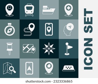 Set Taxi car roof, Location marker, with person, Ship line path, Route location, Compass,  and City map navigation icon. Vector