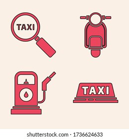 Set Taxi car roof, Magnifying glass and taxi car, Scooter and Petrol or Gas station icon. Vector