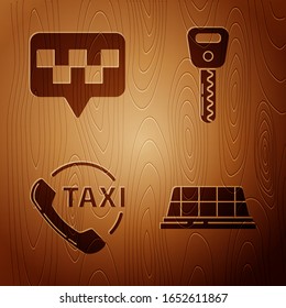 Set Taxi car roof, Map pointer with taxi, Taxi call telephone service and Car key on wooden background. Vector