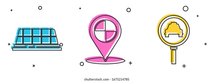 Set Taxi car roof, Map pointer with taxi and Magnifying glass and taxi car icon. Vector