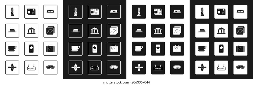 Set Taxi car roof, Museum building, Man hat with ribbon, Lighthouse, Photo, Passport visa stamp, Suitcase and Coffee cup icon. Vector