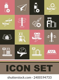 Set Taxi car roof, Plane, Suitcase, No water bottle, Road traffic sign,  and scissors icon. Vector