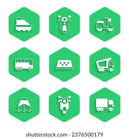 Set Taxi car roof, Scooter, Delivery cargo truck, Cruise ship, Bus,  and  icon. Vector