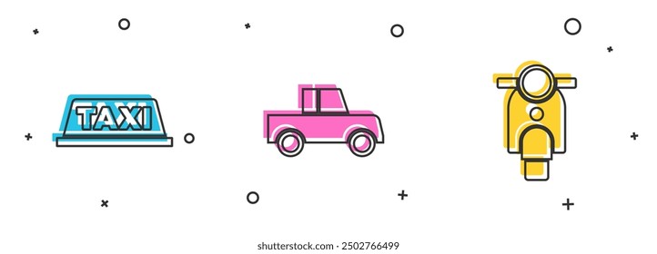 Set Taxi car roof, Car and Scooter icon. Vector