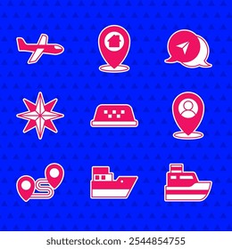 Set Taxi car roof, Ship line path, Location with person, Route location, Wind rose, Infographic city map navigation and Plane icon. Vector