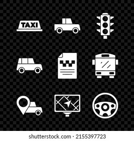 Set Taxi car roof, Car, Traffic light, Location with taxi, Gps device map, Steering wheel,  and driver license icon. Vector