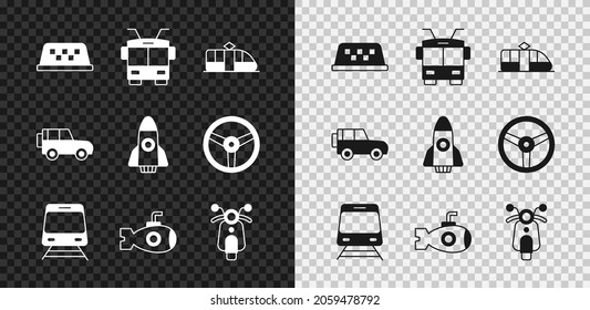 Set Taxi car roof, Trolleybus, Tram and railway, Train, Submarine, Scooter, Off road and Rocket ship icon. Vector