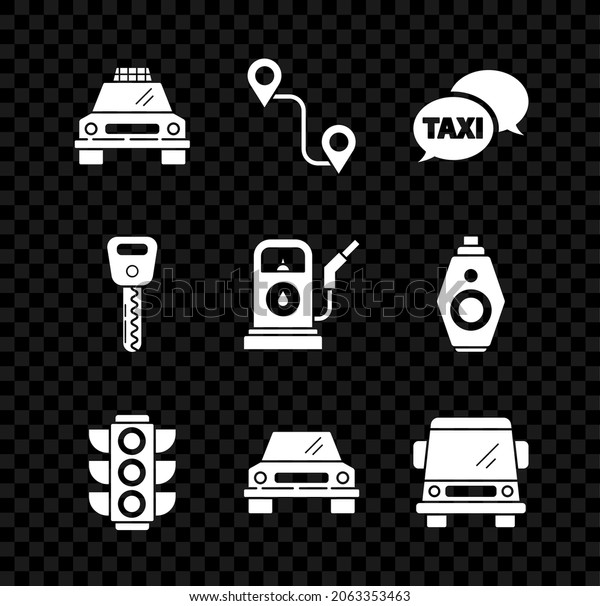 Set Taxi\
car, Route location, call telephone service, Traffic light, Car,\
key and Petrol or Gas station icon.\
Vector