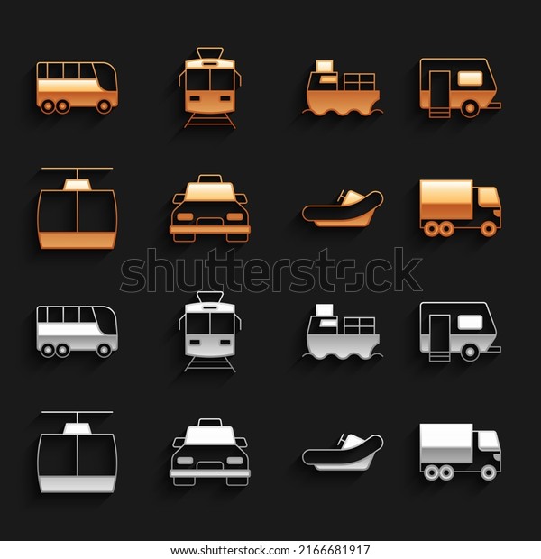 Set Taxi car, Rv Camping trailer, Delivery
cargo truck, Rafting boat, Cable, Cargo ship with boxes delivery,
Bus and Tram and railway icon.
Vector
