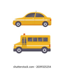 set of taxi car and school bus vector illustrations in a collection designed in yellow for the theme of public transportation illustration