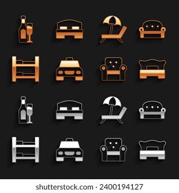 Set Taxi car, Sofa, Bedroom, Armchair, Hotel bed, Sunbed with umbrella, Champagne bottle glass and  icon. Vector