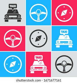 Set Taxi car, Steering wheel and Compass icon. Vector