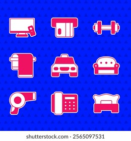 Set Taxi car, Telephone handset, Bedroom, Sofa, Hair dryer, Towel hanger, Dumbbell and Smart Tv icon. Vector