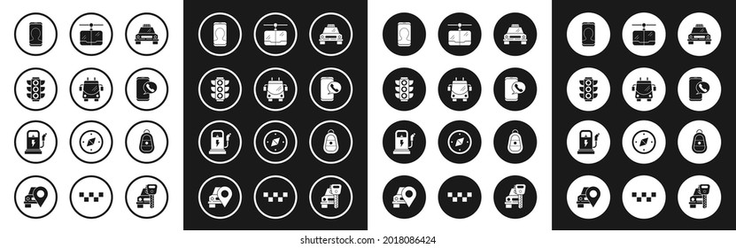 Set Taxi car, Trolleybus, Traffic light, call telephone service, Cable, Car key with remote and Electric charging station icon. Vector