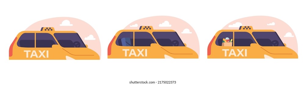 Set Taxi Cars, Yellow Taxicab with Checker Oracle and Light Box on Roof Isolated on White Background. Automobile Taxi Service, Urban Logistic Passenger Transport Company. Cartoon Vector Illustration