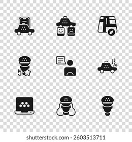Set Taxi driver, Broken taxi car, Location, mobile app, service rating and  icon. Vector