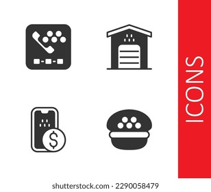 Set Taxi driver cap, call telephone service, Mobile banking and Garage for taxi car icon. Vector